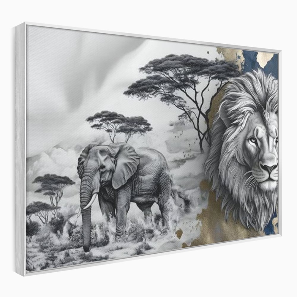 Tablou canvas cu tablou canvas cu leu si elefant, in rama de aluminiu argintiu